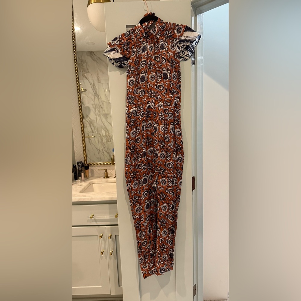 Cleobella Sleeveless Brown Navy Floral Jumpsuit Bow Zip sienna block print S